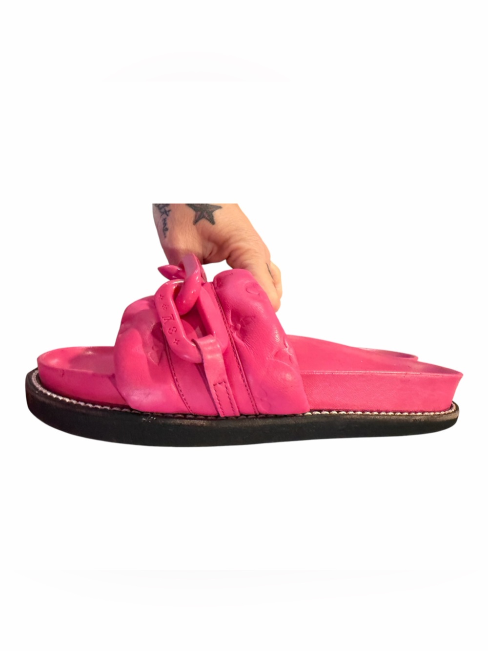 Louis Vuitton Hot Pink Chain-Link Slide Sandals - Picture 7 of 15